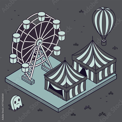 Isometric amusement park with ghost and hot air balloon
