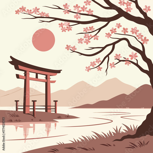 Japanese Torii Gate and Cherry Blossoms by a Lake sakura