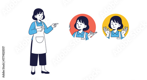 A helpful female service worker or shop assistant in an apron points, explains, and presents in a series of illustrative poses.