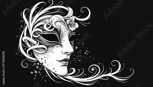 Elegant mask illustration with floral elements on black background and space for text
