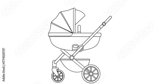 Black and white line art of a baby carriage, showing its canopy, bassinet, handle, and under-seat storage basket in a clean side profile.