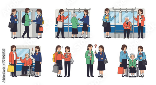 Young women demonstrate kindness, assistance, and respectful interactions with elderly people and peers in various public and subway settings.