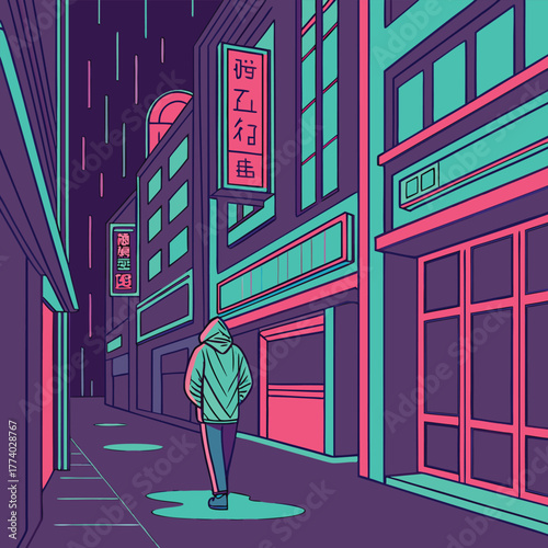 Figure in hooded jacket on a neon-lit rainy city street at night