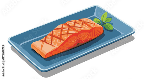 An illustration of a deliciously grilled salmon fillet, complete with distinct grill marks, elegantly served on a blue rectangular plate with fresh green herbs.