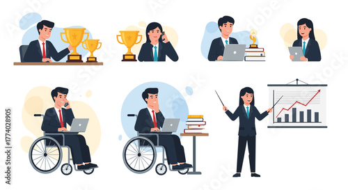 Diverse business professionals working, celebrating success, and giving presentations, showcasing modern corporate environments and inclusion.