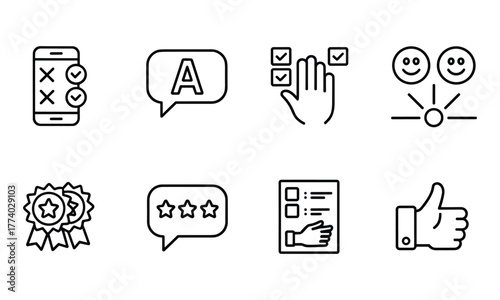 Set of eight black and white icons related to feedback, surveys, and customer satisfaction review rating