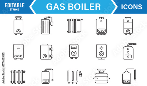 Energy and Heating System Icon Collection – Gas Boiler and Radiator Line Vector Set for Home Appliance Design