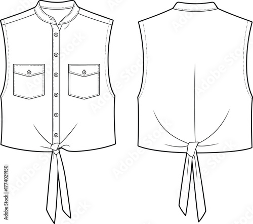 Sleeveless tie front shirt flat sketch, button down blouse technical drawing, women summer top fashion vector design template illustration