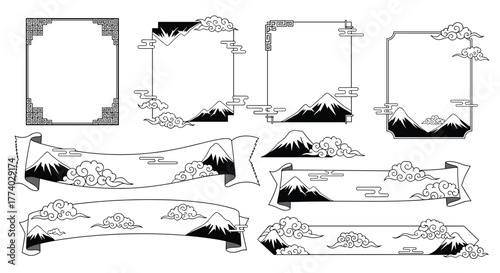 Japanese frames and banners set with Mount Fuji-like mountains and traditional Asian clouds, monochrome vector design elements for decoration.