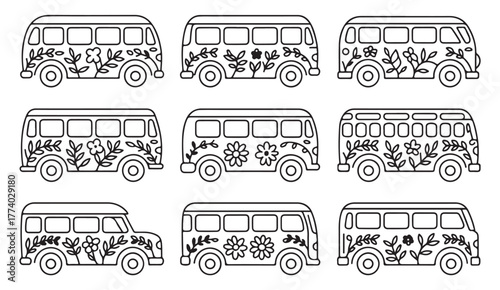 Bohemian Style Flower Vans – Hand Drawn Retro Minibus Illustrations for Coloring and Design