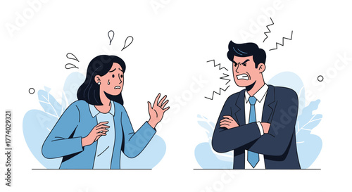 An angry man yells at a scared woman, depicting a tense and emotional confrontation, possibly in a work environment, highlighting stress and conflict.