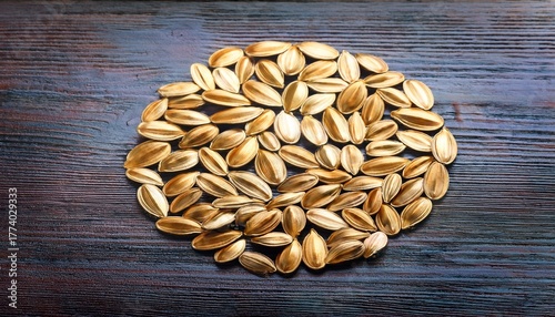 circle of golden seeds on wood