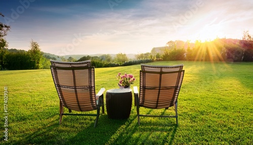 garden chairs on grass lawn