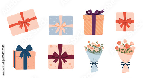 Assorted graphic illustrations of beautifully wrapped gift boxes and elegant flower bouquets for various occasions.