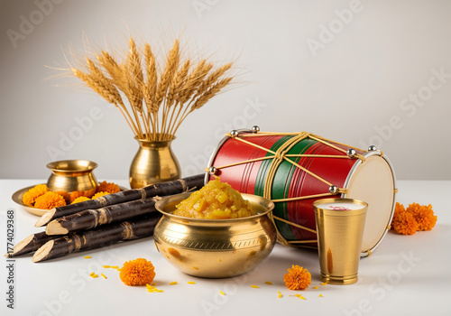 Clean Studio Still Life of Dhol Drum, Wheat Sheaves, Sugarcane, Halwa, and Lassi for Baisakhi Festival on White Background