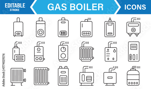 Editable Stroke Gas Boiler Icons – Modern Line Vector Pack for Household Heating and Energy Design Concepts
