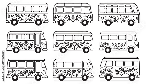 Vintage Hippie Vans Collection – Floral Decorated Retro Buses Vector Line Art Set