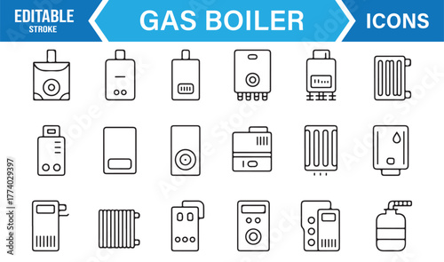 Heating Equipment Line Icons – Gas Boiler, Radiator, and Water Heater Vector Collection for Temperature Control Projects