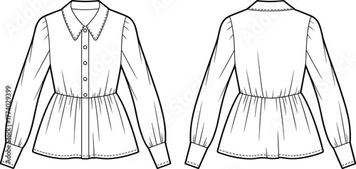 Women peplum blouse fashion flat sketch, long sleeve shirt design template, button front top, technical drawing, apparel vector, garment illustration