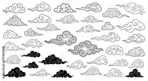 A collection of traditional East Asian clouds in various styles, including outlined, shaded, and solid black designs.