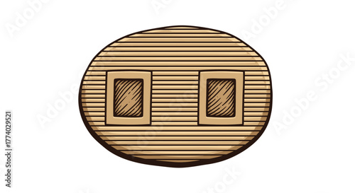 A stylized illustration of a rustic wooden oval plaque featuring horizontal planks and two rectangular frames.