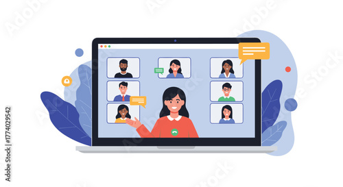 Diverse group of people participating in an online video conference call on a laptop screen, collaborating remotely from different locations.