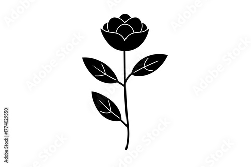 Black and white vector illustration of a rose flower with leaf and blossom design element