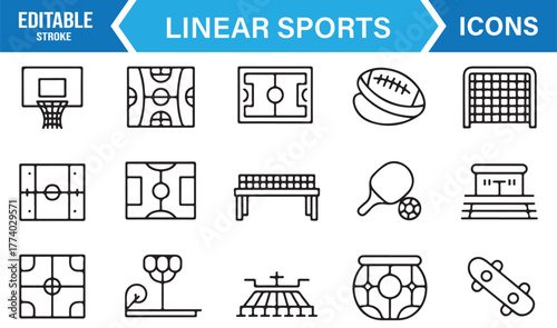 Athletic Icon Line Collection – Minimal Vector Symbols of Team Sports and Training Equipment for Design Concepts