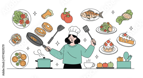 A joyful female chef expertly prepares a variety of delicious dishes, surrounded by fresh ingredients and cooking essentials in a bustling kitchen.