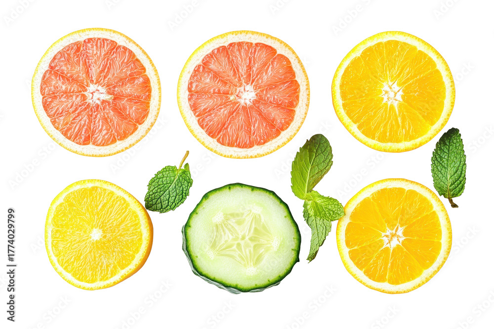 Obraz premium Freshly sliced grapefruit, lemon, orange, and cucumber arranged beautifully with mint leaves for a refreshing summer snack