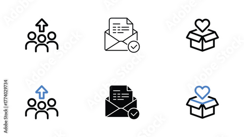 Six icons depicting concepts of team growth, communication, and charitable giving in outline and filled styles