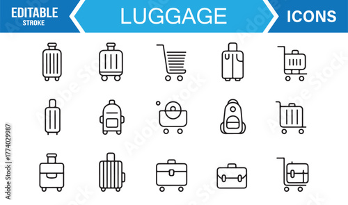 Editable Stroke Luggage Icons – Baggage, Backpack, and Trolley Outline Vector Set for Travel and Holiday Concepts