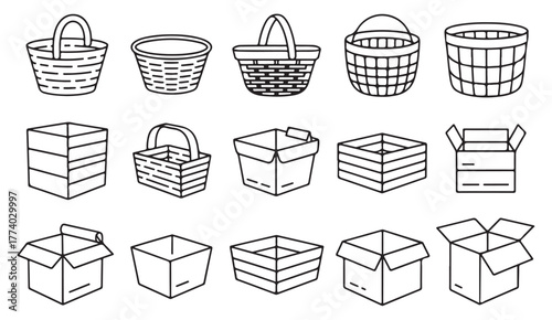 Minimal line art vector set of boxes and baskets for packaging, storage, and warehouse-themed designs