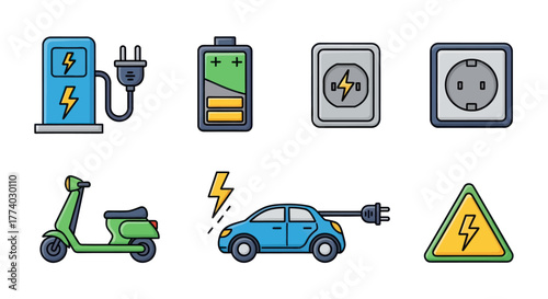 A colorful collection of filled-line icons representing electric vehicles batteries and charging infrastructure.