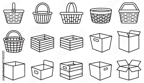 Hand-drawn basket and cardboard box illustration pack in minimal line art style for design and decor use