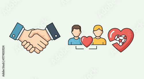 Handshake People with Hearts and Broken Heart Illustration.