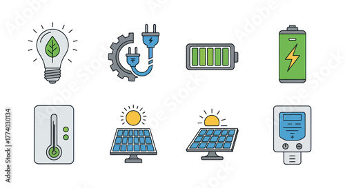 Collection of Colorful Energy Icons Depicting Renewable Resources and Power.