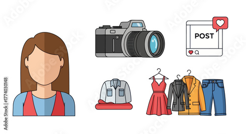 Stylized Illustration of a Woman Camera Social Media Post and Clothing Items.