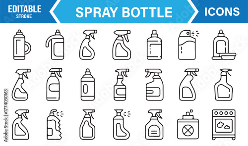 Sanitizing Spray Bottle Outline Collection – Editable Stroke Vector Icons for Cleaning Product and Hygiene Design