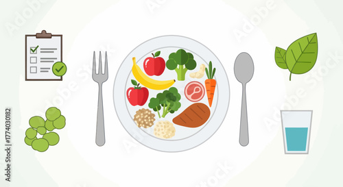 Healthy balanced diet concept with food plate fruits vegetables and protein.