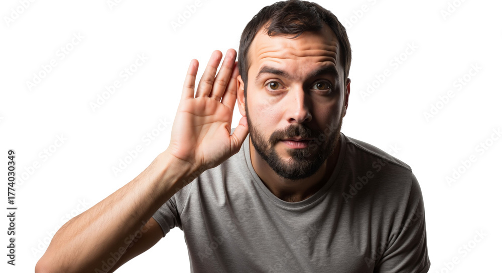 Fototapeta premium Man tries to overhear something while standing on a white background