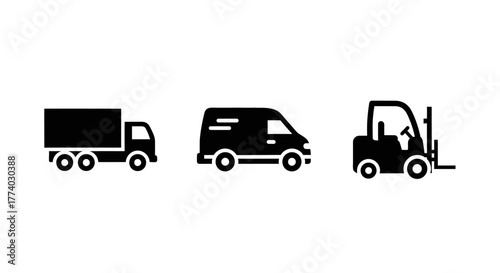 Silhouette icons of truck, van, and forklift for transport and logistics