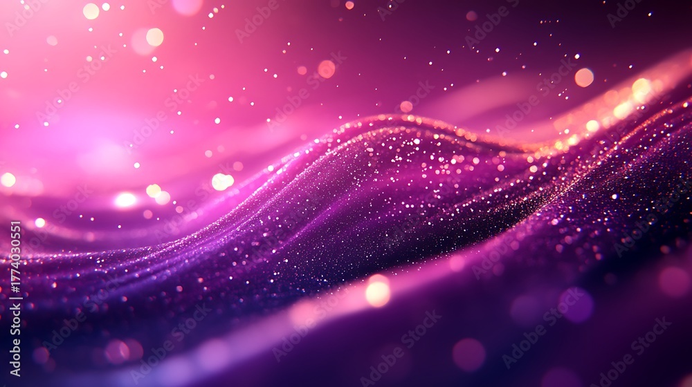 Fototapeta premium Warm gradient of pink, orange and gold bokeh lights on glitter surface. Abstract dreamy background with glowing sparkles and soft blur, ideal for creative design