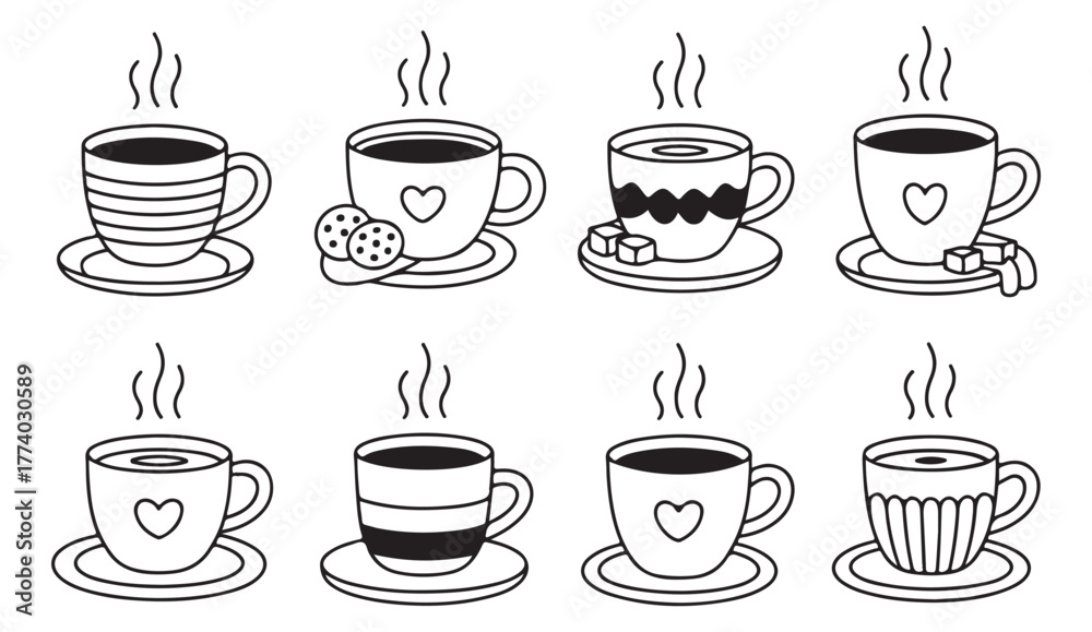 Fototapeta premium Cute doodle-style hot drink cup vector set with cookies, sugar, and steam for cozy beverage design