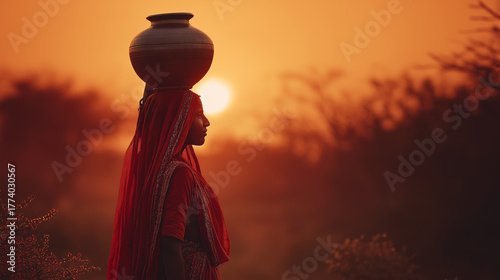 Indian village woman carrying water pot, warm sunset light, authentic rustic tone