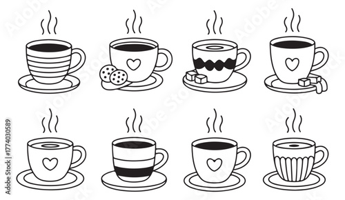Cute doodle-style hot drink cup vector set with cookies, sugar, and steam for cozy beverage design
