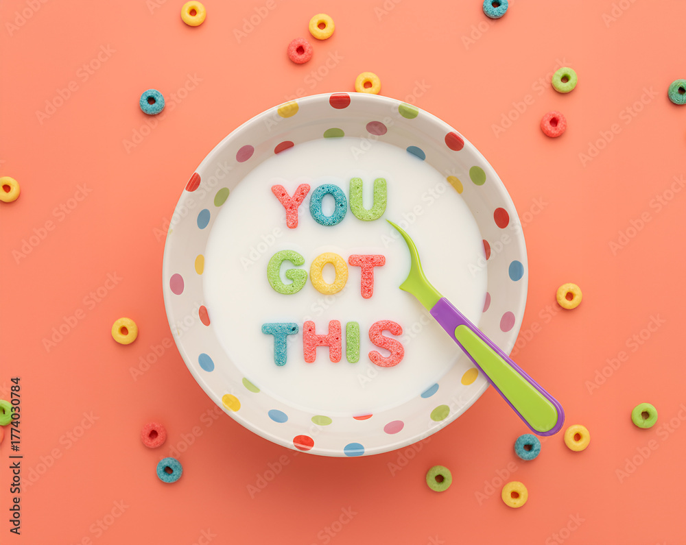 Naklejka premium “You Got This” Cereal Letters in Milk Bowl on Peach Background