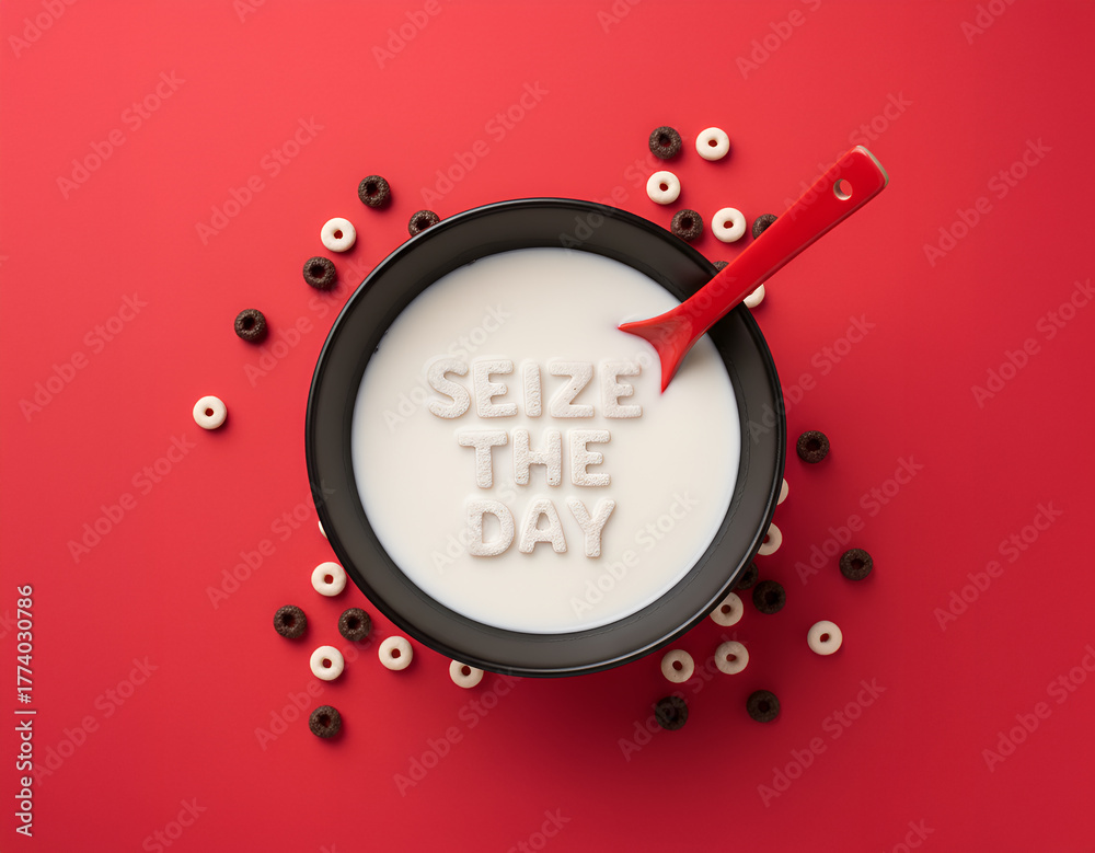 Naklejka premium “Seize the Day” Cereal Letters in Milk Bowl on Bold Red Background