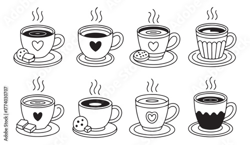 Black and white hot beverage illustration collection featuring mugs, cups, and cozy drink outlines