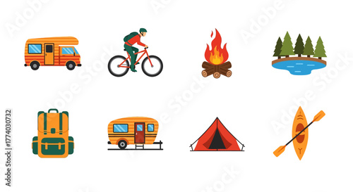 Outdoor adventure icons featuring camping, cycling, and nature elements in flat design